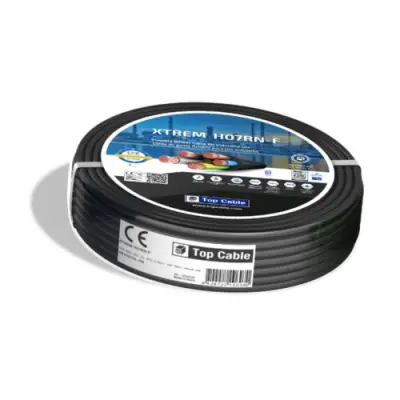Coiled black electrical cable labeled "XTREM H07RN-F" by Top Cable, featuring specifications and certification logos on the packaging.