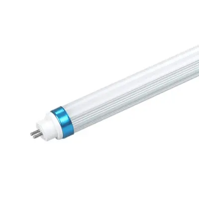 LED tube light with a white cylindrical body and a blue metallic cap at one end, featuring two metal pins for connection.